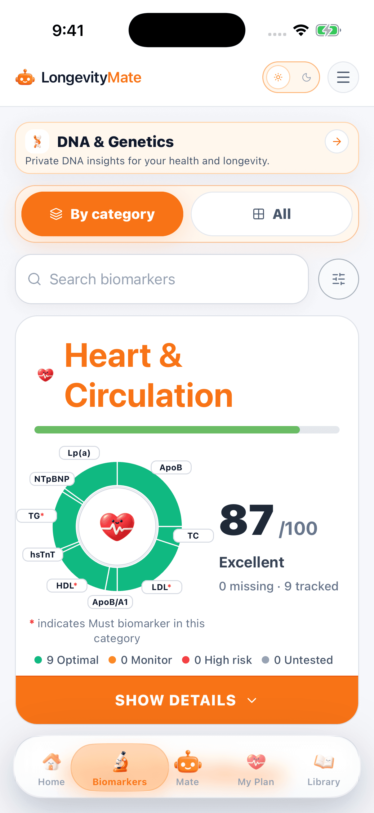 LongevityMate mobile biomarkers screen showing liver and kidney health and vitamins and minerals category cards
