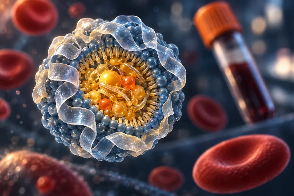 Conceptual HDL particle and blood sample for apolipoprotein A-I testing