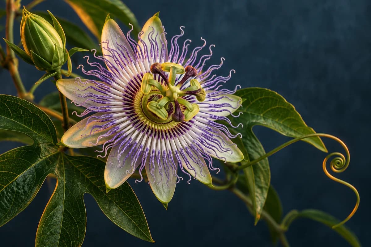 Passionflower blossom, leaves and tendril