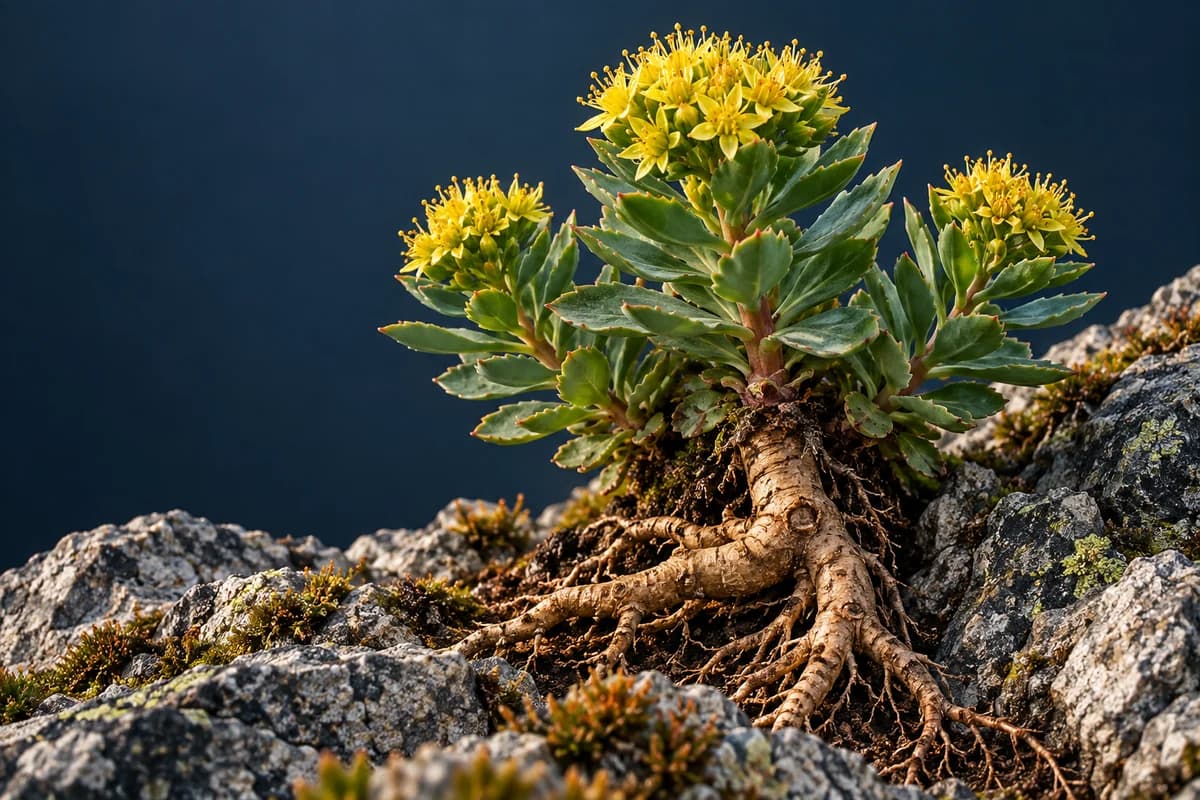 Rhodiola rosea plant with yellow flowers and exposed root