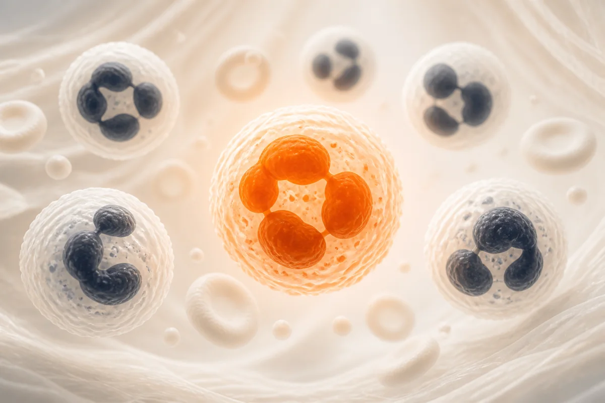 Abstract neutrophil-like white blood cells with segmented deep-slate nuclei and one softly highlighted orange cell