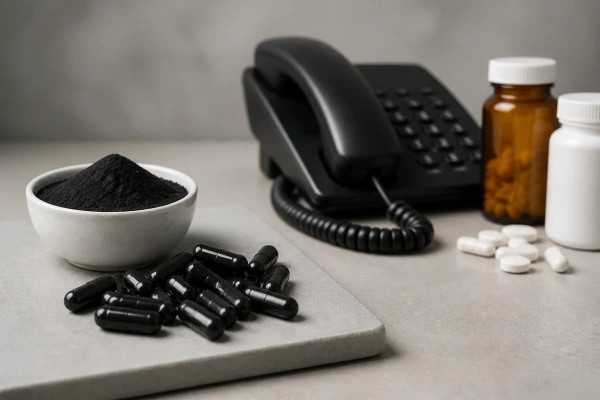 Editorial illustration explaining activated charcoal use, evidence and safety