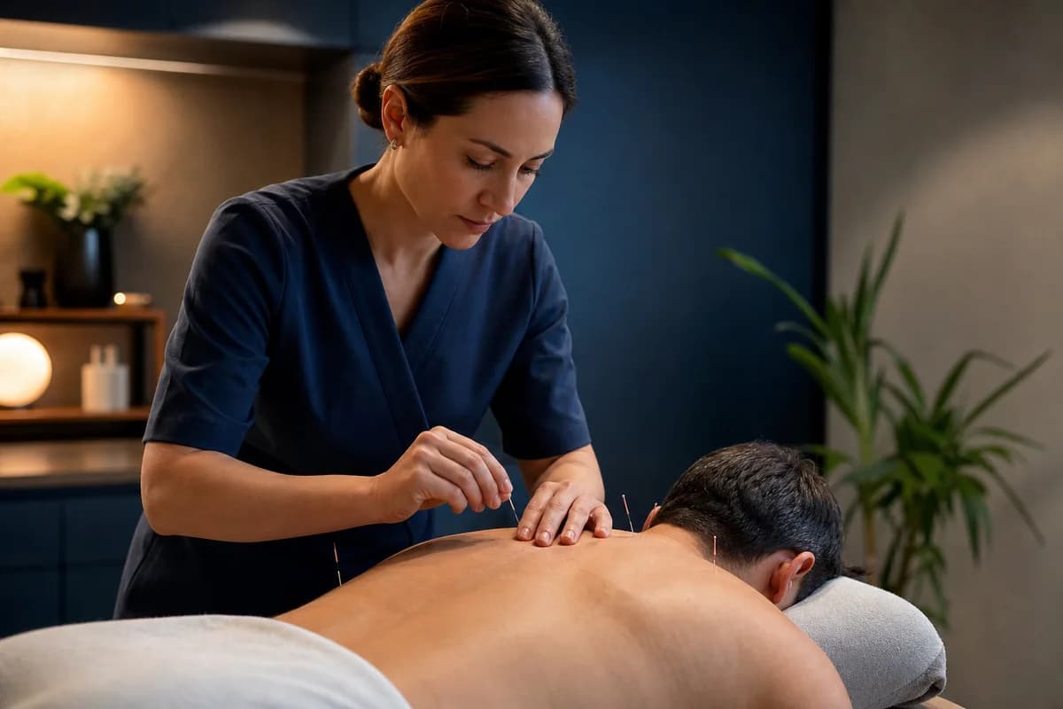 Qualified practitioner preparing sterile acupuncture needles in a calm treatment room