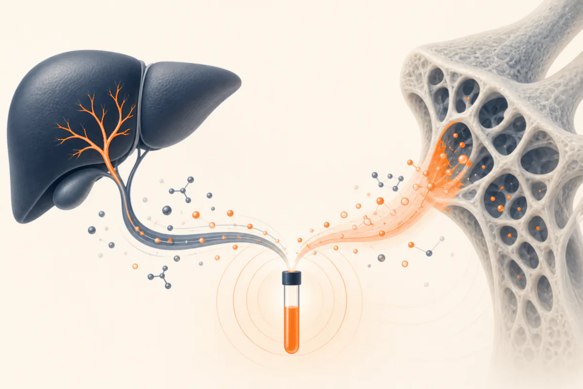 Abstract liver pathway and bone lattice connected by alkaline phosphatase activity in cream, deep slate and LongevityMate orange