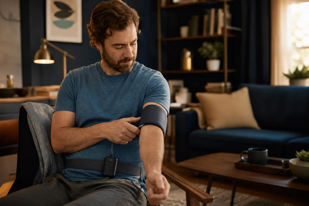 Adult wearing a validated ambulatory blood pressure cuff and recorder during normal daily activity