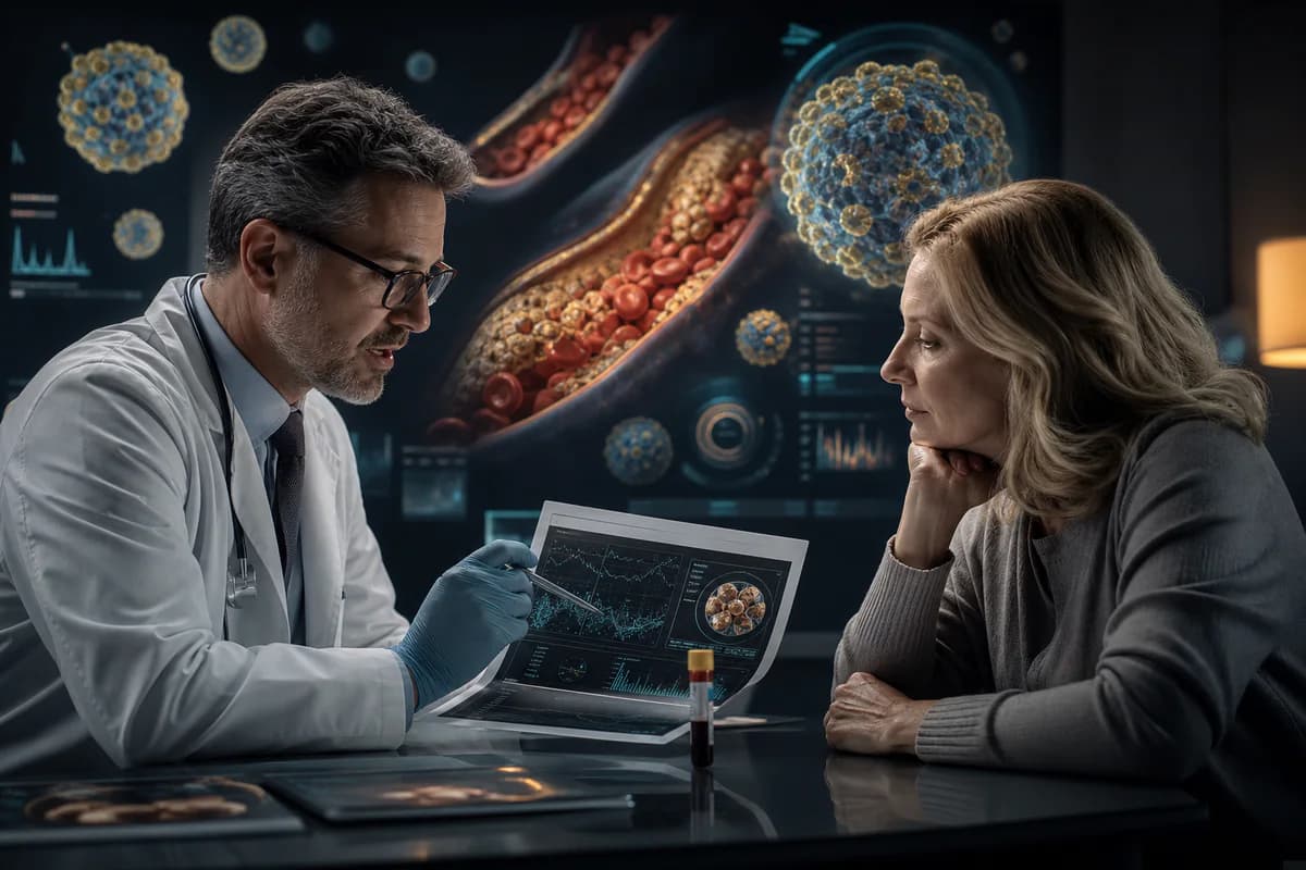 Cardiovascular prevention visit reviewing ApoB Lp(a) LDL and family history on a laboratory report