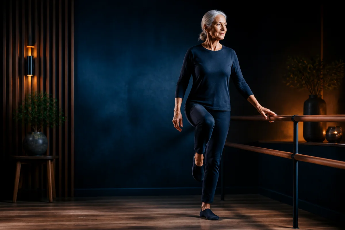 Older adult practicing a supported single-leg balance exercise beside a sturdy rail