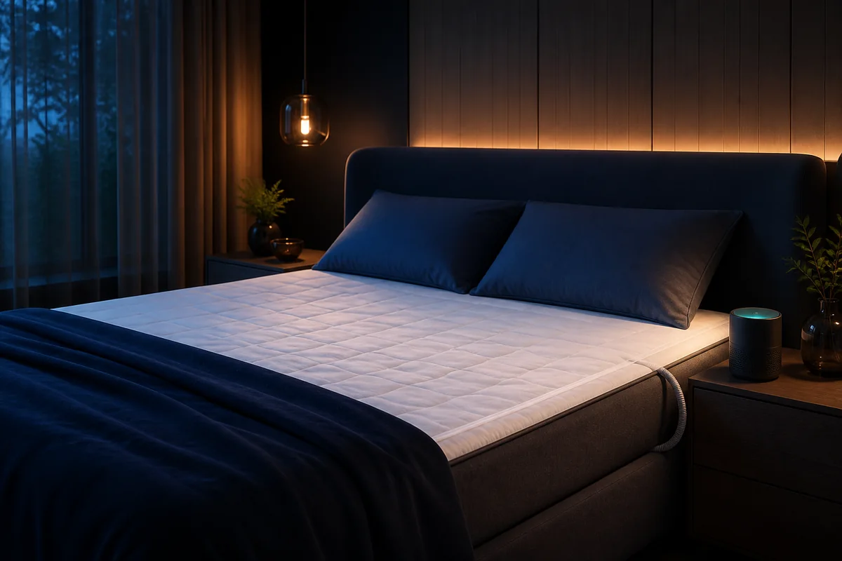 Modern bed with subtle active mattress cooling in a dark comfortable bedroom