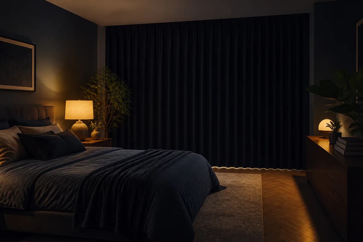 Calm dark bedroom with well-fitted blackout curtains and a narrow glow of morning light at the edge