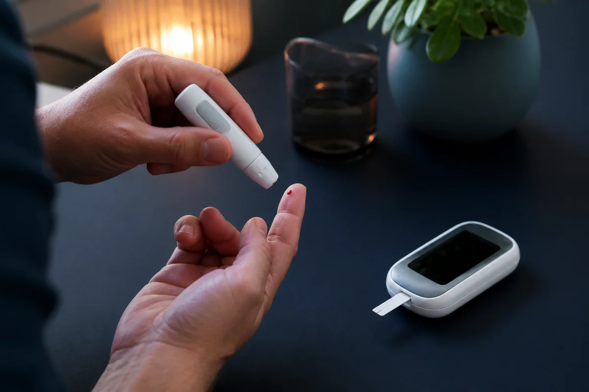 Blood ketone meter displaying a capillary beta-hydroxybutyrate result beside a fresh test strip