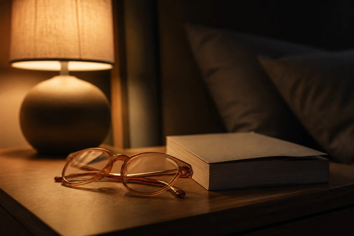 Amber blue light blocking glasses beside a dim evening reading lamp