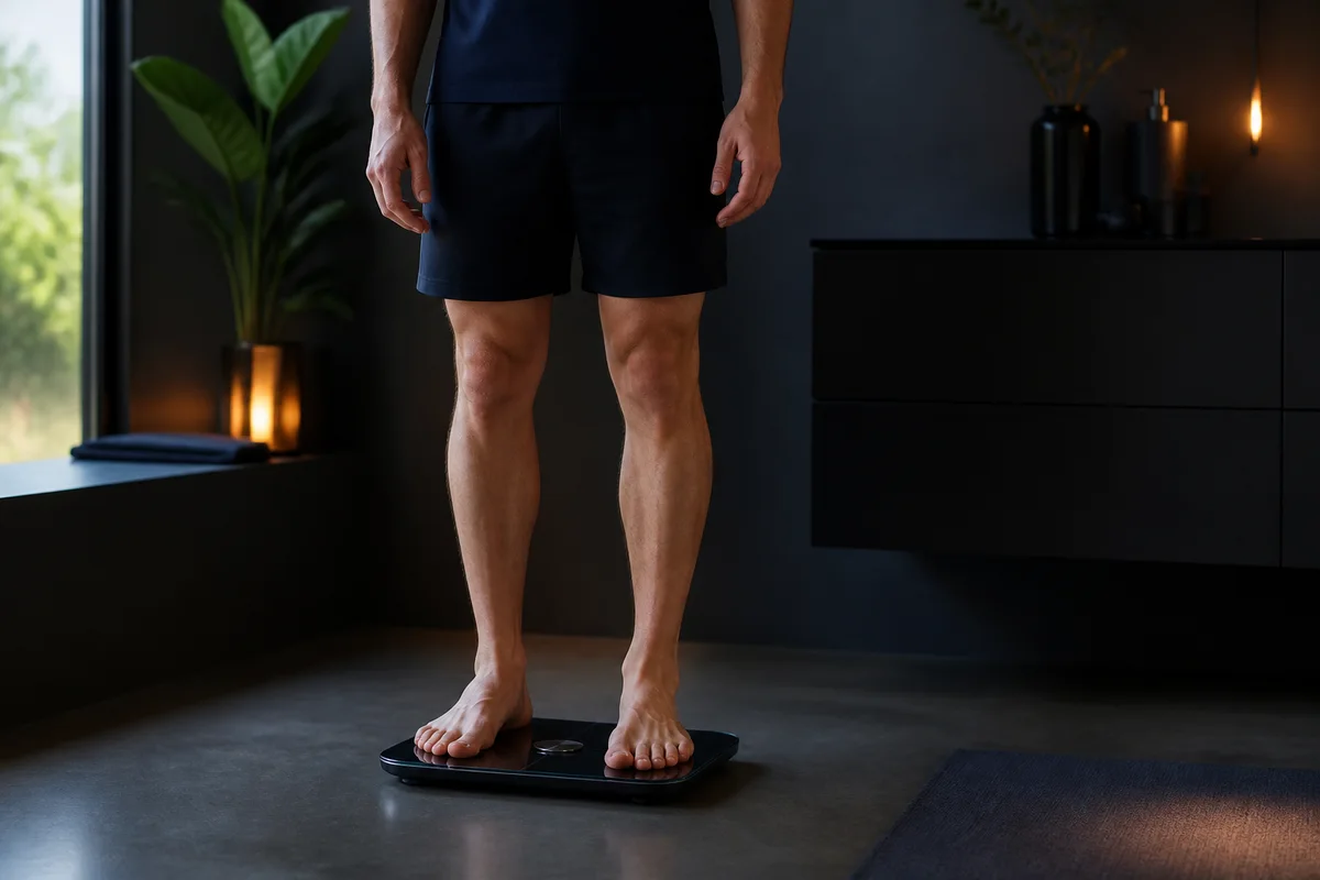 Unbranded body composition scale on a hard floor beside a simple measurement log