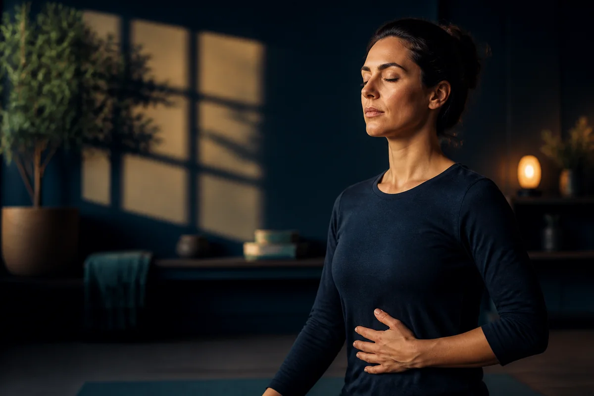 Calm adult practising controlled box breathing with one hand resting lightly on the abdomen