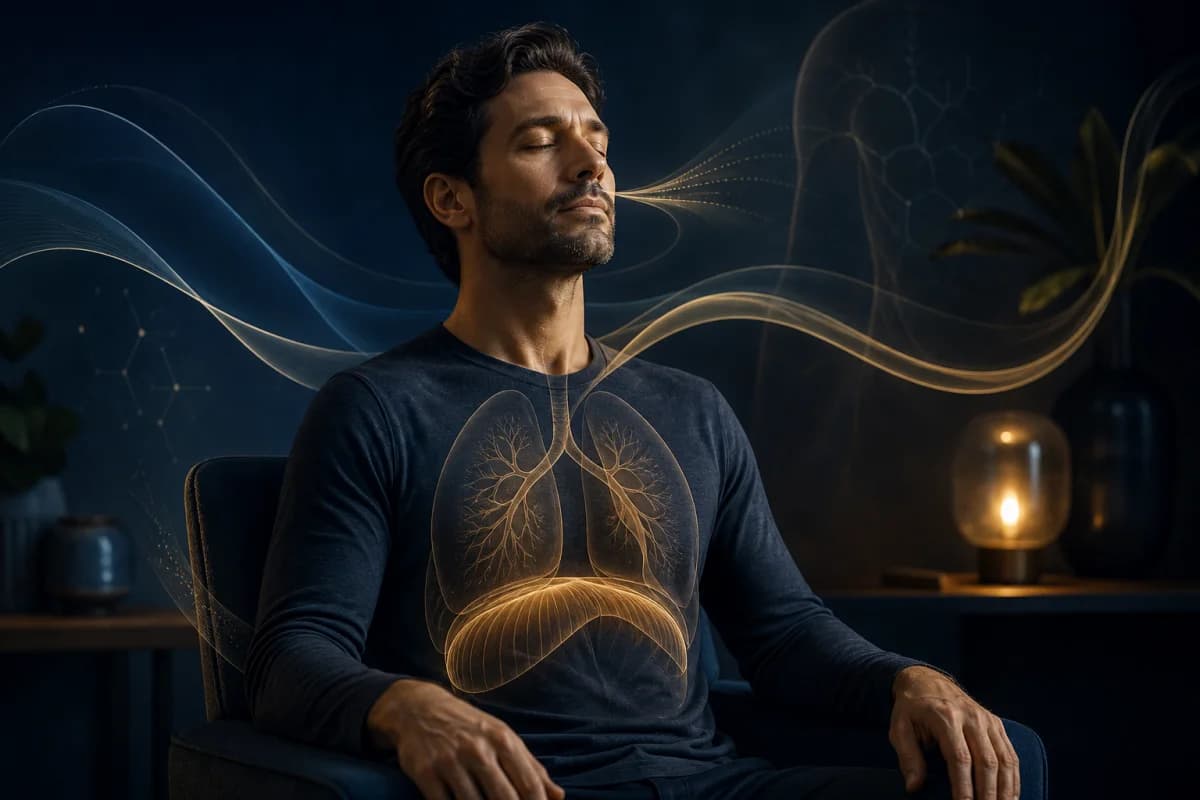 Calm adult practising slow breathing with lung diaphragm and airflow motifs