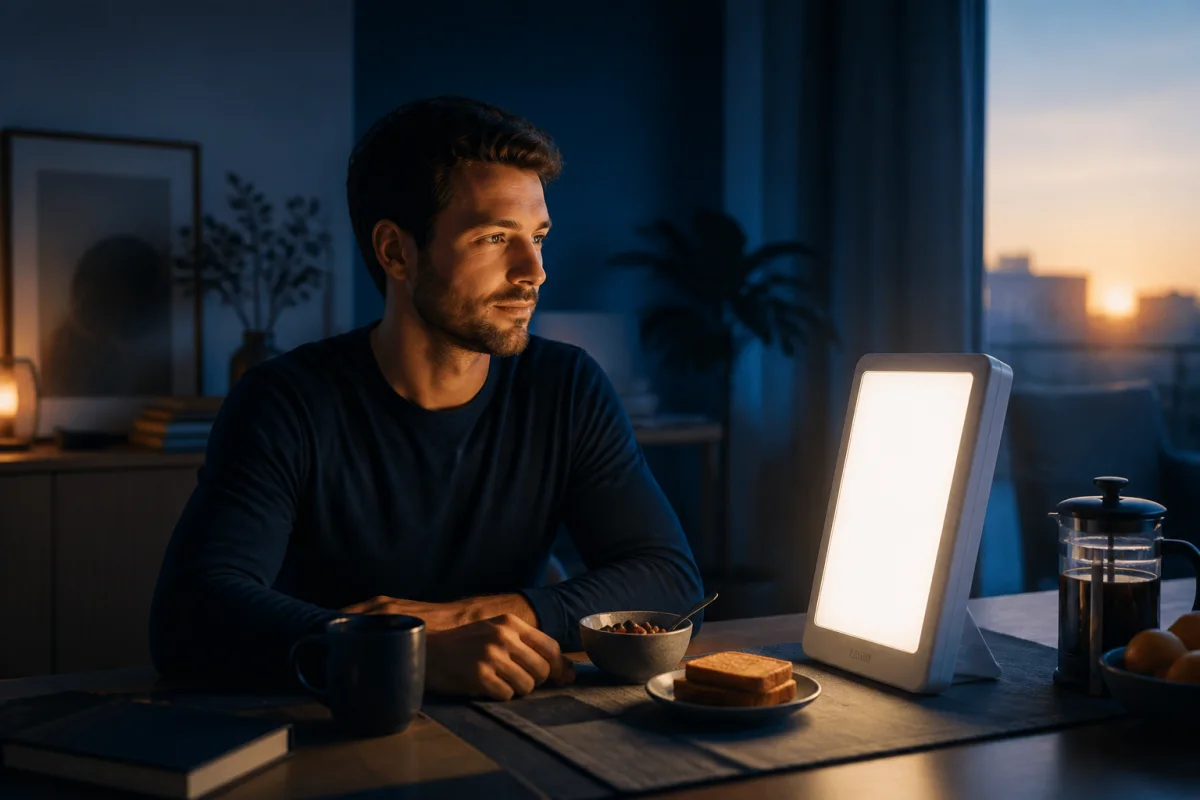 Person sitting beside a bright light therapy box during an early morning routine