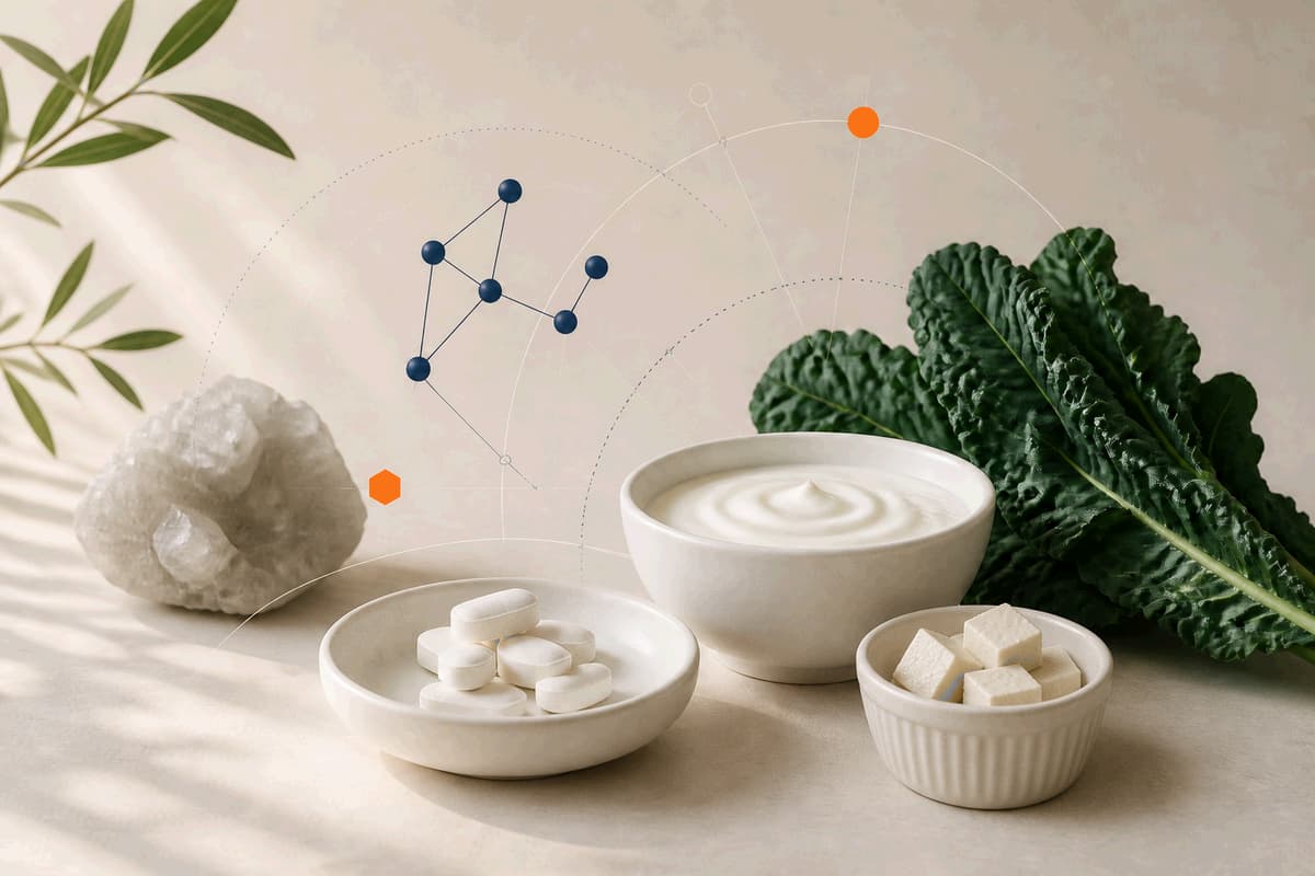 Unbranded calcium tablets, a split tablet, a simple mineral lattice and a small fortified-food cue in cream, navy and exact LongevityMate orange