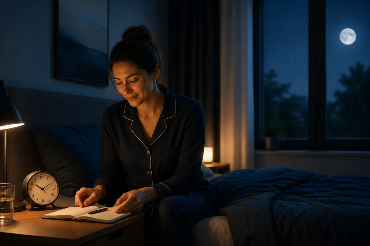 Calm bedroom scene with a sleep diary and clock representing cognitive behavioral therapy for insomnia