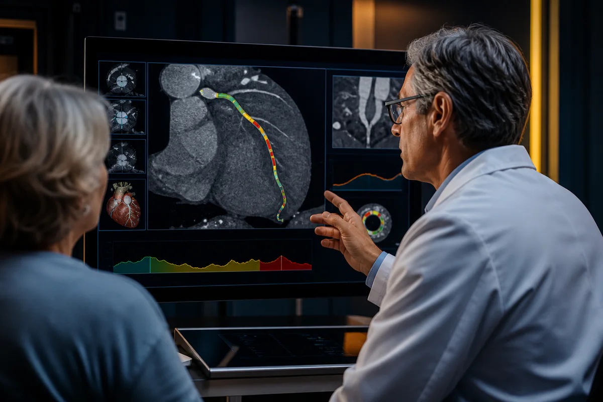 Cardiologist reviewing coronary CT angiography and AI-derived plaque map with a patient