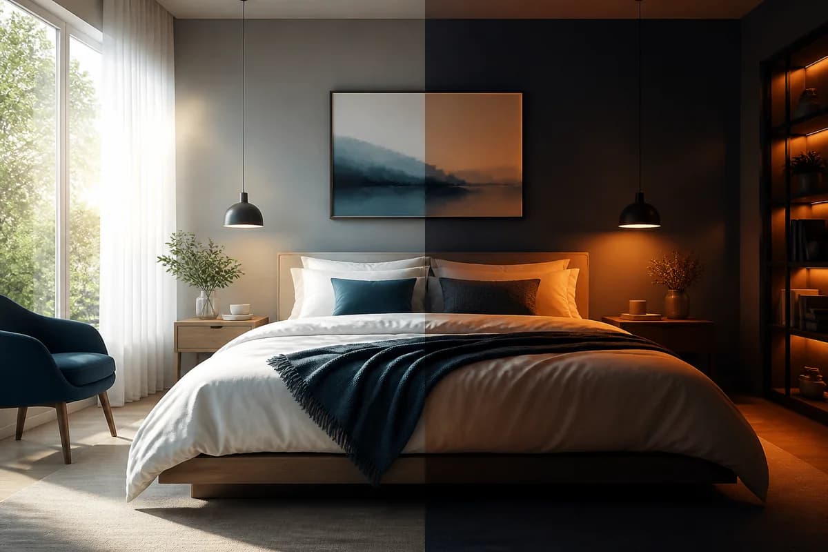 Warm dim evening bedroom lighting contrasted with bright natural morning window light
