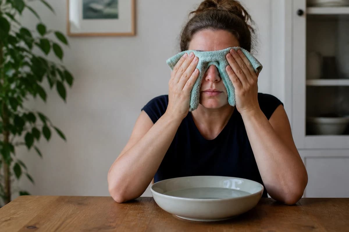 Seated adult calmly applying a cool wet towel to forehead and cheeks