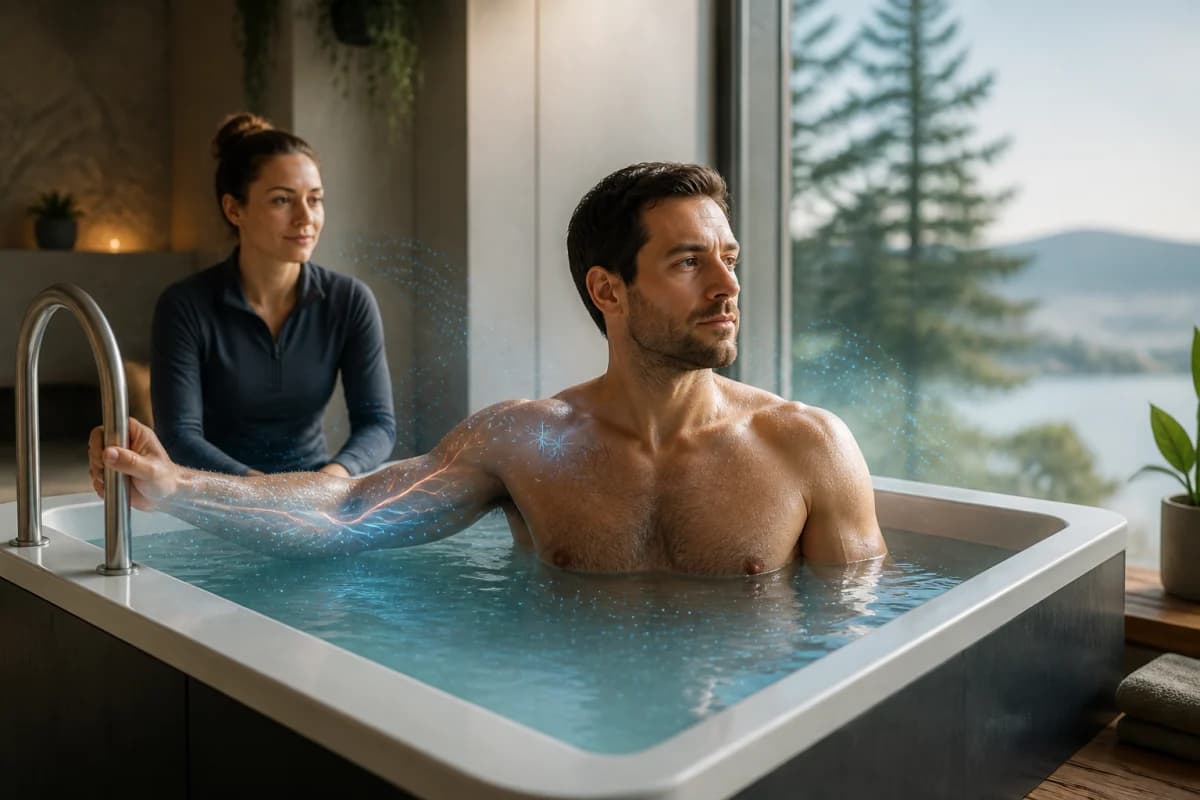 Adult calmly using a purpose-built cold plunge with another person nearby for safety