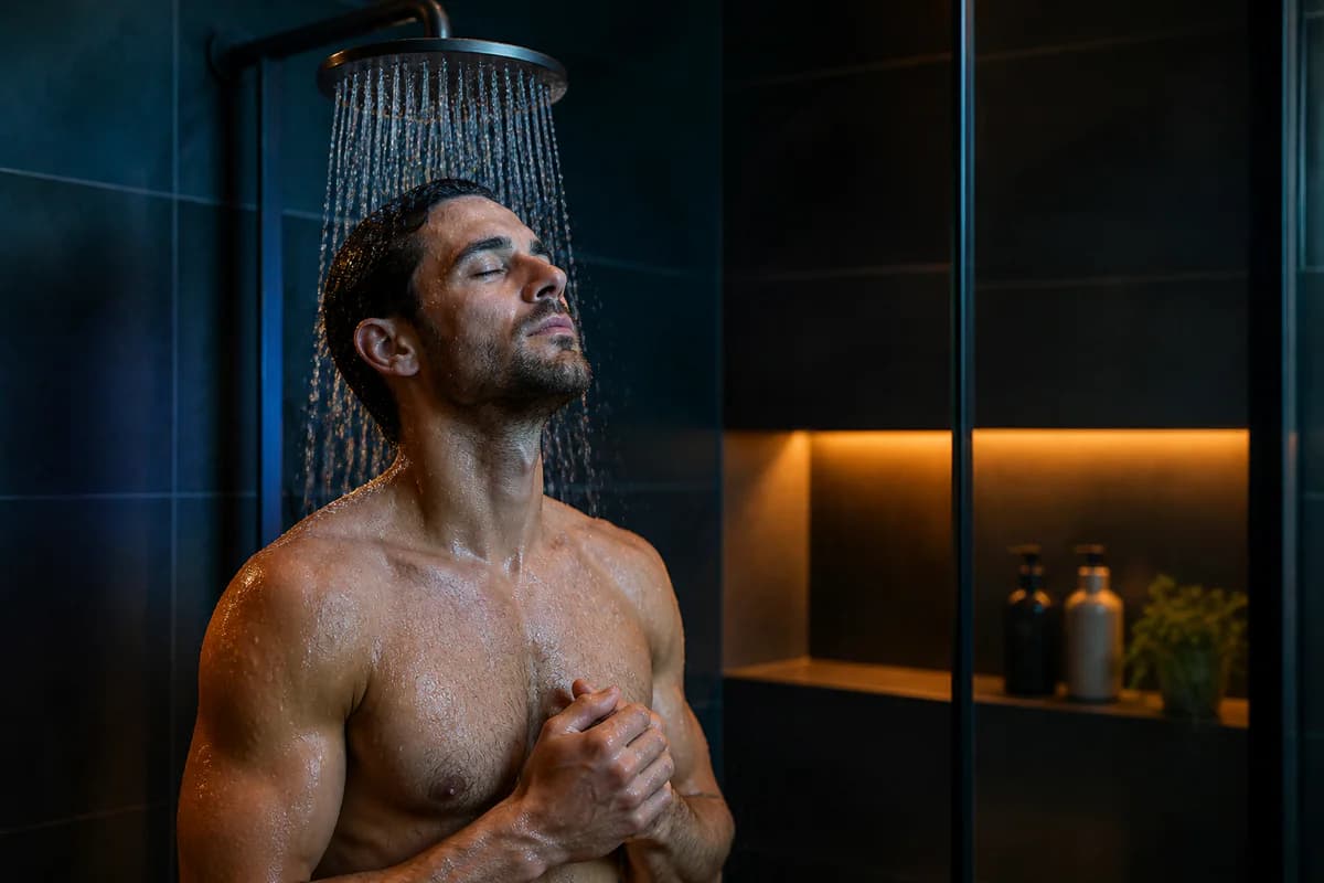 Adult beginning a brief cool shower in a safe bright bathroom with a timer