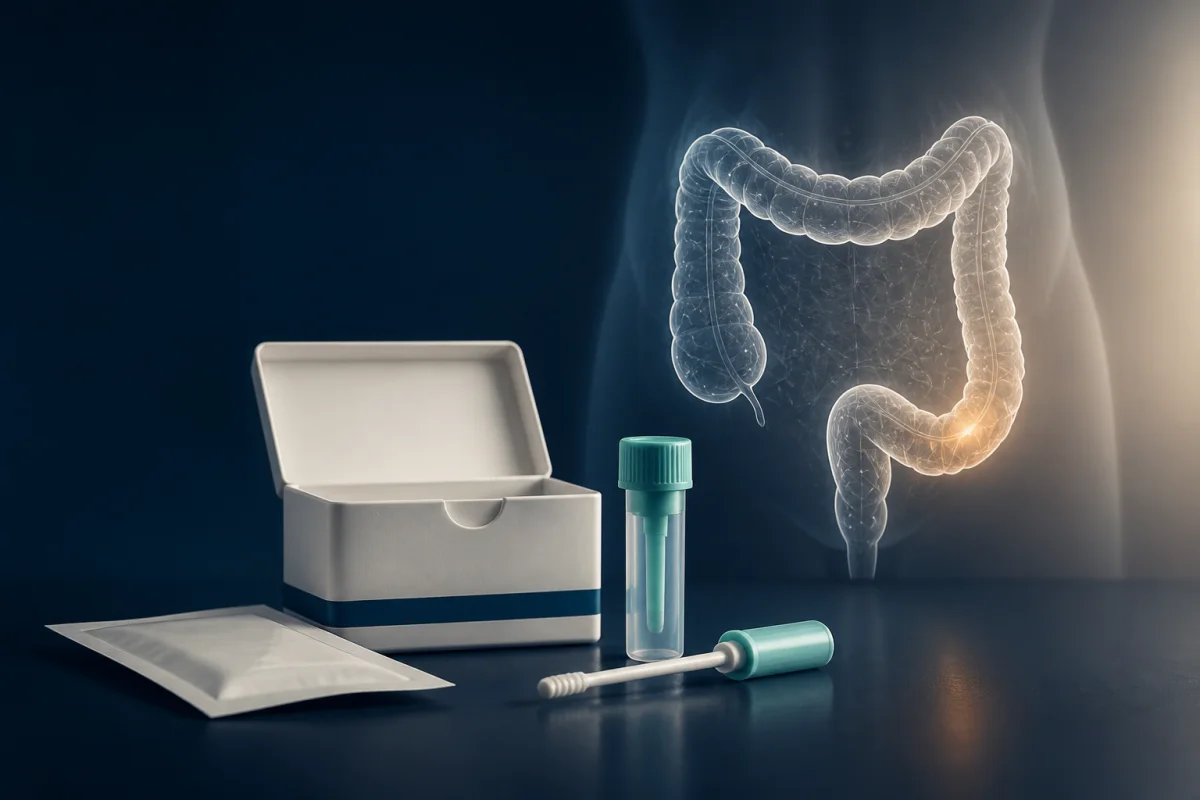 Clinician comparing colorectal screening options with a patient using a simple colon diagram