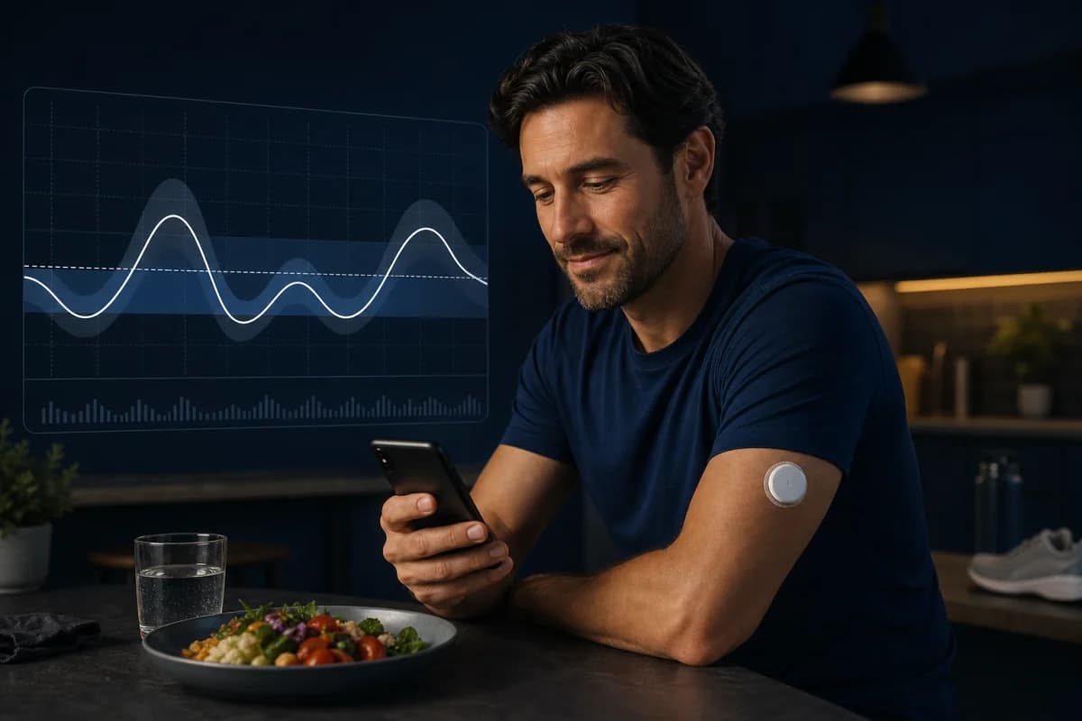 Adult wearing an upper-arm continuous glucose sensor and reviewing an abstract trend