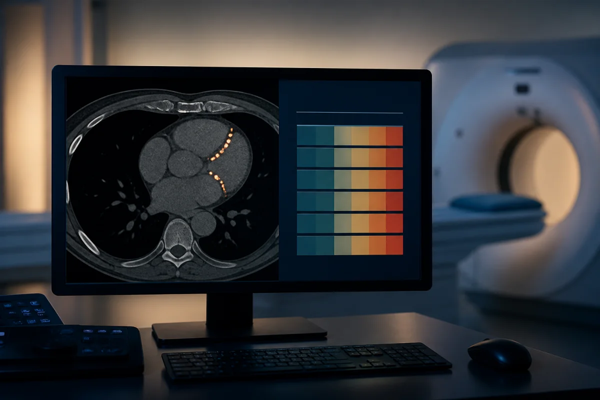 Clinician reviewing a coronary calcium CT image and Agatston score with a patient