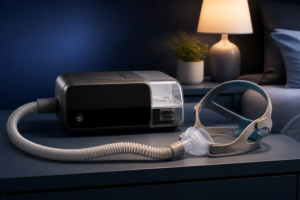 CPAP machine and nasal mask arranged beside a bed in a calm bedroom