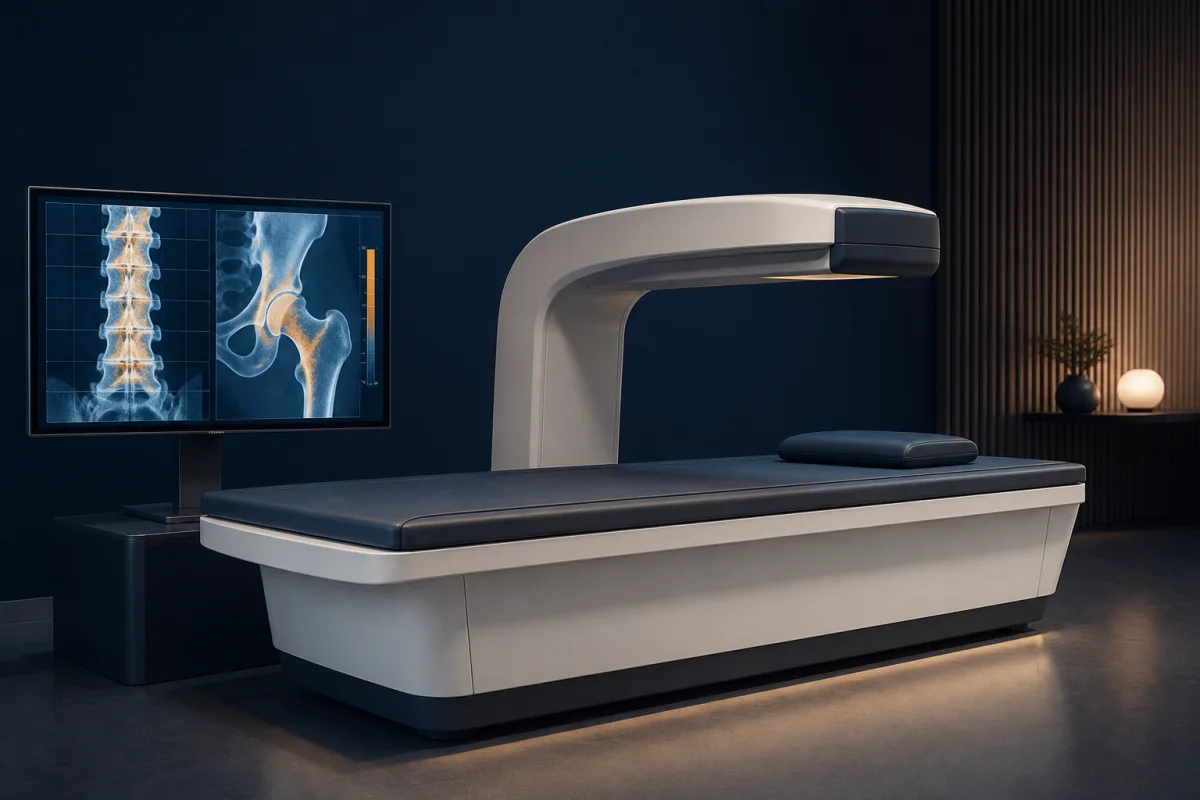 Adult positioned on a DEXA scanner while a technician reviews bone density results