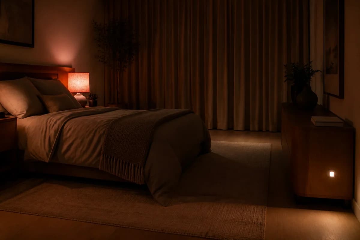 Warm dim amber bedside lighting in a safe uncluttered bedroom