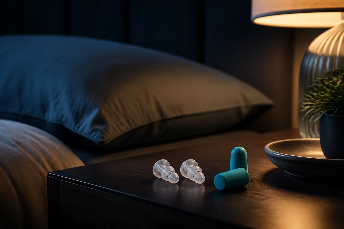 Clean reusable sleep earplugs beside a bedside table in a quiet dark bedroom