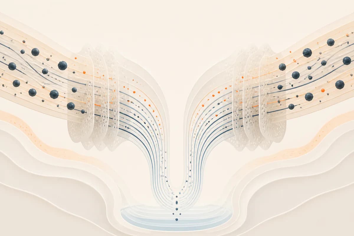 Abstract kidney filtration pathways moving through a precise cream, slate and orange measurement grid