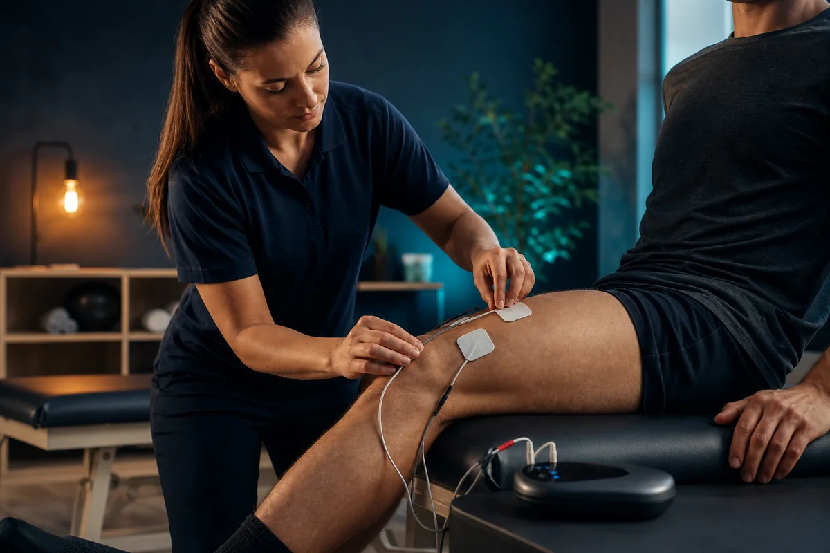 Physiotherapist placing NMES electrodes on an adult thigh during rehabilitation