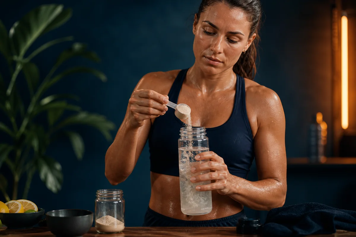 Athlete mixing a measured electrolyte drink beside a water bottle after a hot workout