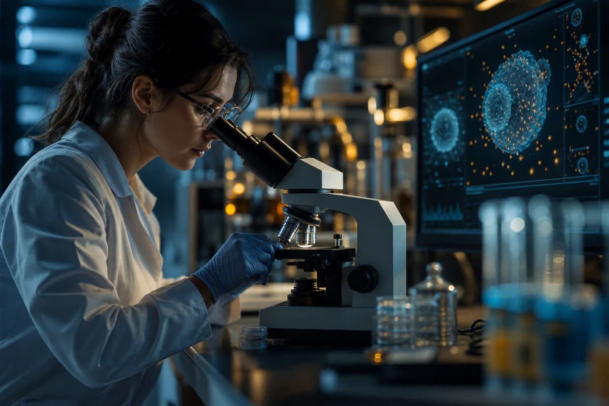 Research laboratory visualizing extracellular vesicles with a clear boundary between clinical trials and commercial products