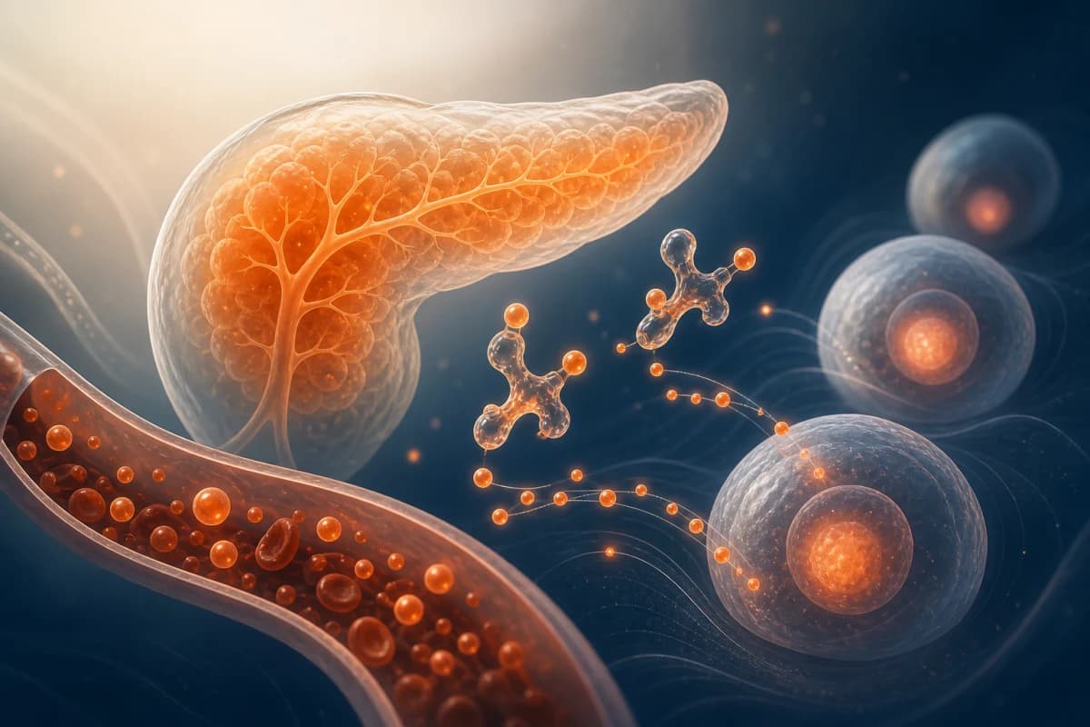 Abstract pancreas, insulin-like molecules and glucose-like spheres moving from blood toward cells