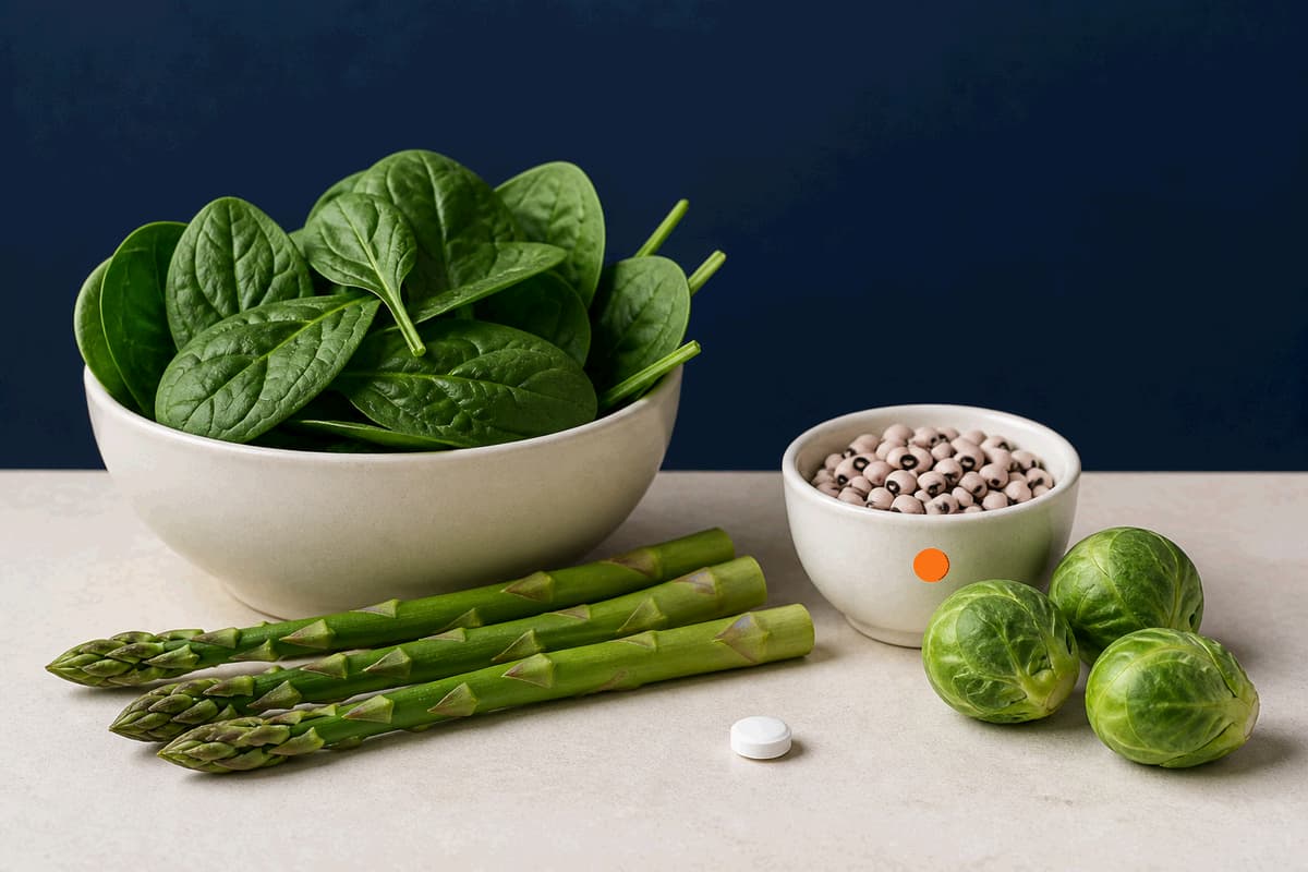 Spinach leaves, asparagus, beans and a simple folate tablet arranged in a clean cream and navy still life with LongevityMate orange accents