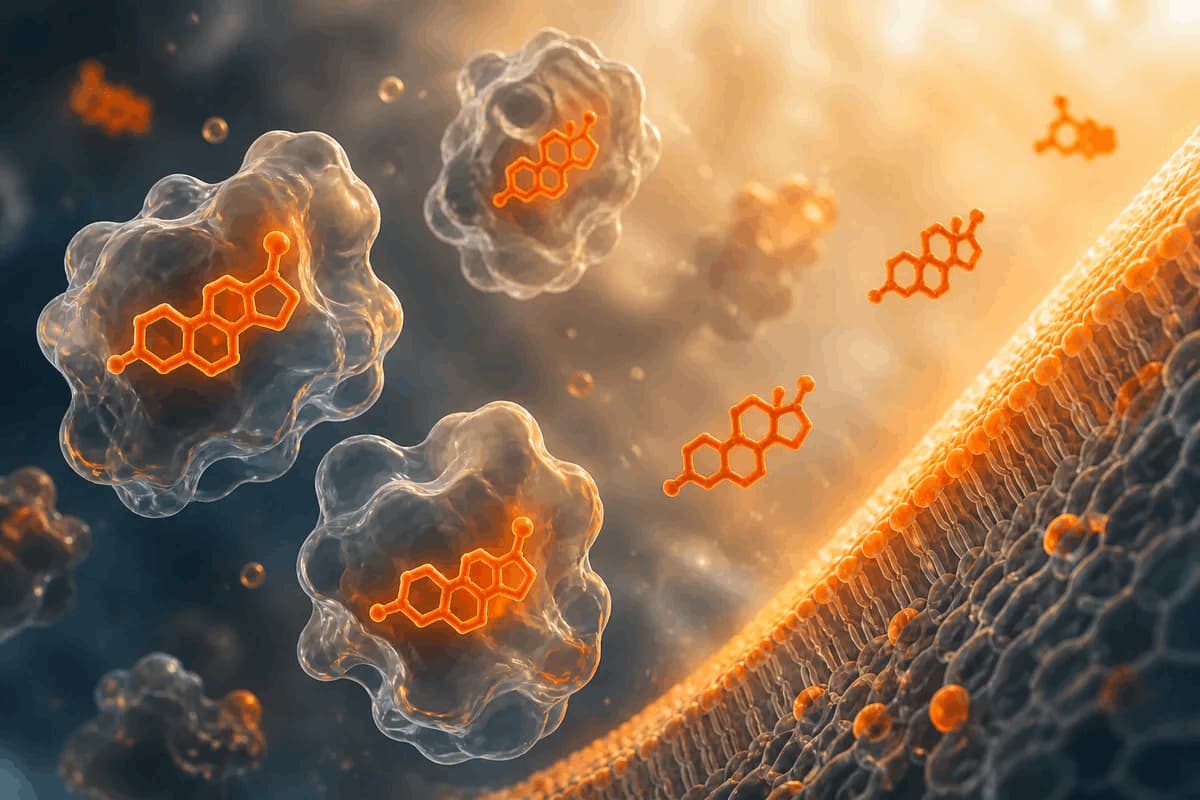 Abstract unbound and protein-bound steroid-hormone molecules beside a cell membrane