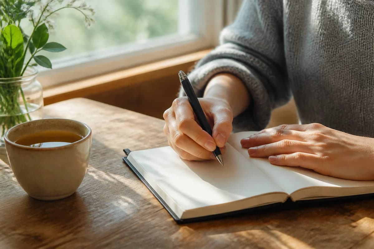 Adult writing three specific gratitude notes in a simple journal