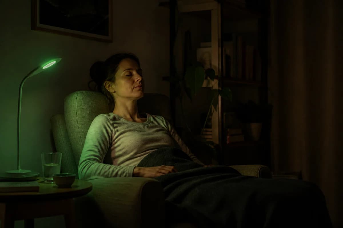 Soft narrow-band green light illuminating a quiet migraine rest space