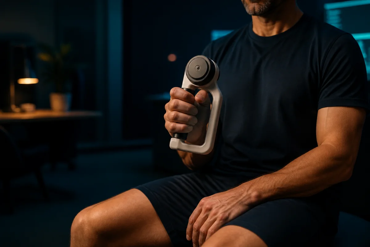 Adult completing a standardized handgrip dynamometer strength test