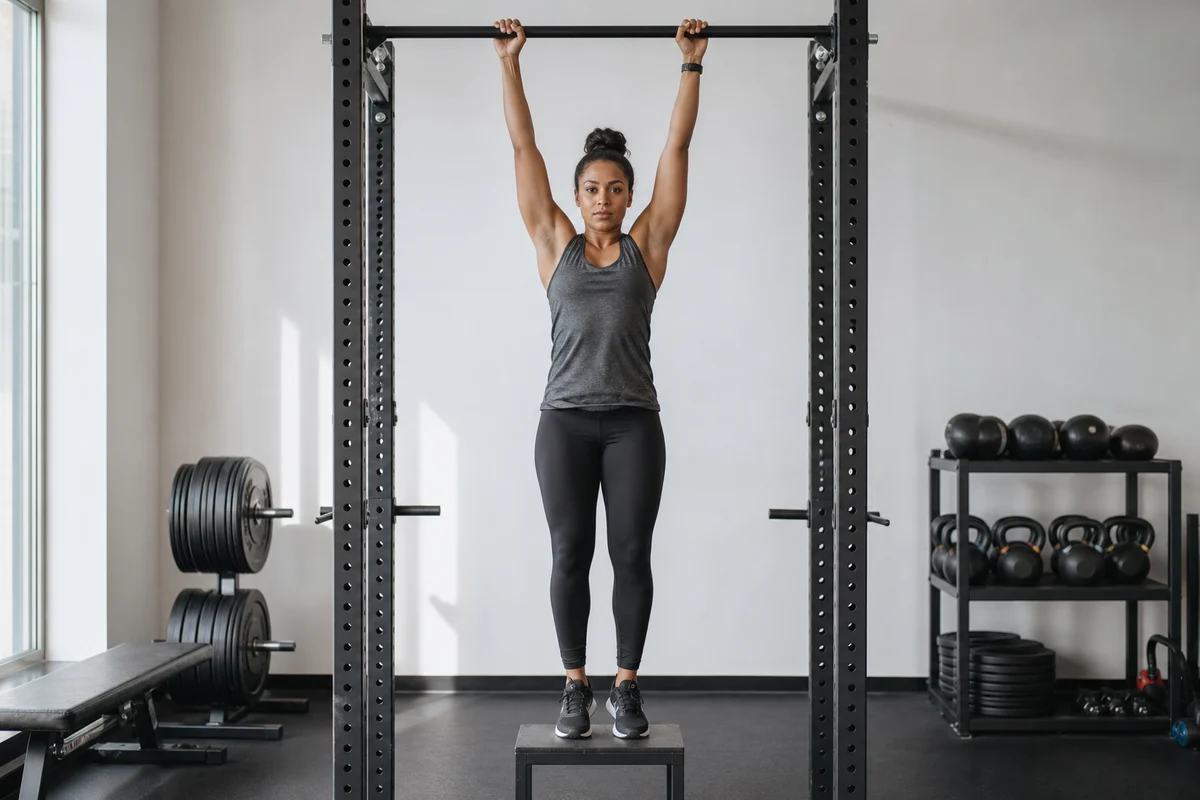 Adult performing a supported hang with feet on the floor and controlled shoulder position