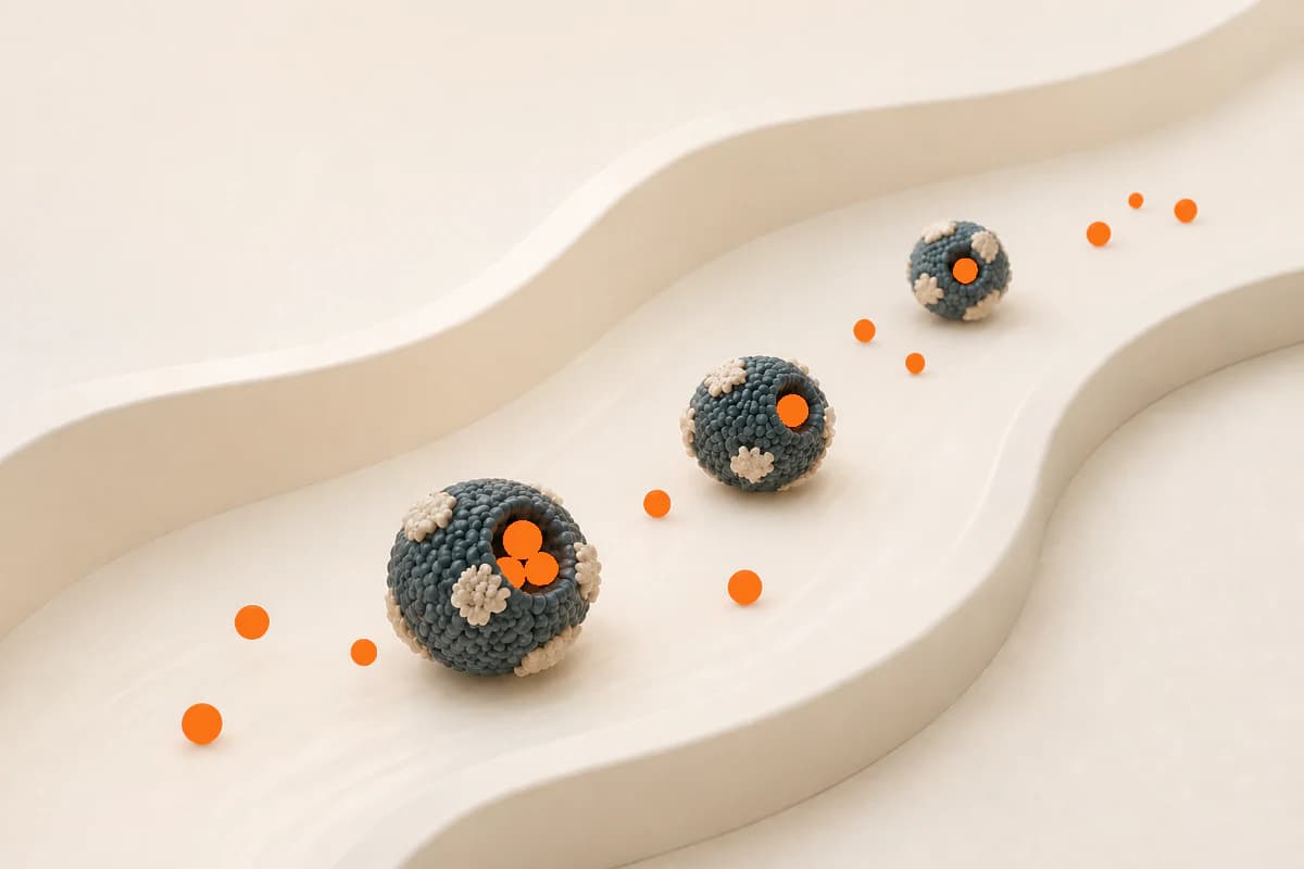 Calm abstract HDL-like particles carrying orange cholesterol droplets through a cream and deep-slate circulation path
