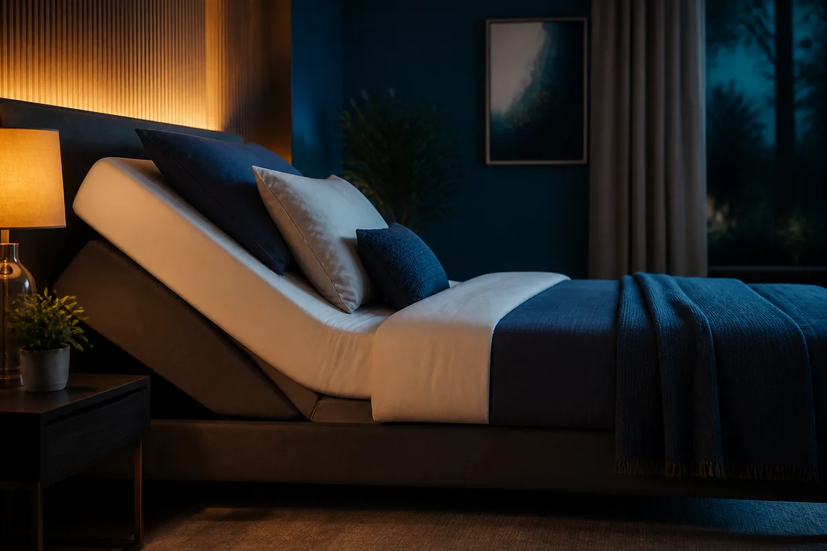 Bed safely elevated at the head with a supportive wedge and aligned sleeping posture