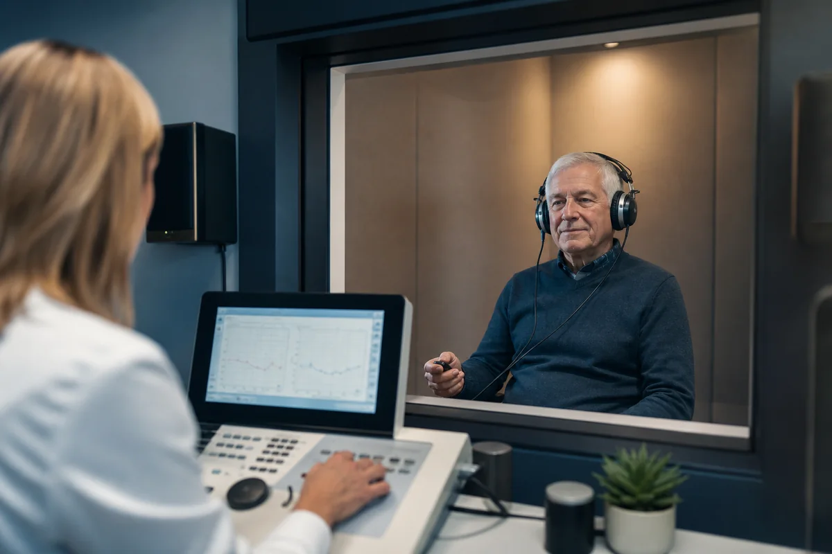 Older adult completing a professional hearing test in a modern audiology clinic