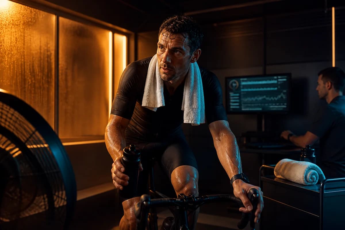 Athlete completing controlled heat-acclimation training with hydration and temperature monitoring