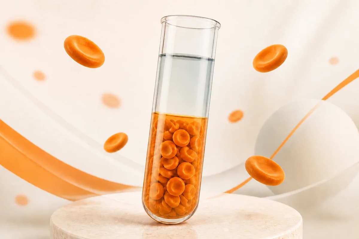Laboratory tube showing the proportion of red blood cells and plasma in a cream, slate and orange scientific composition