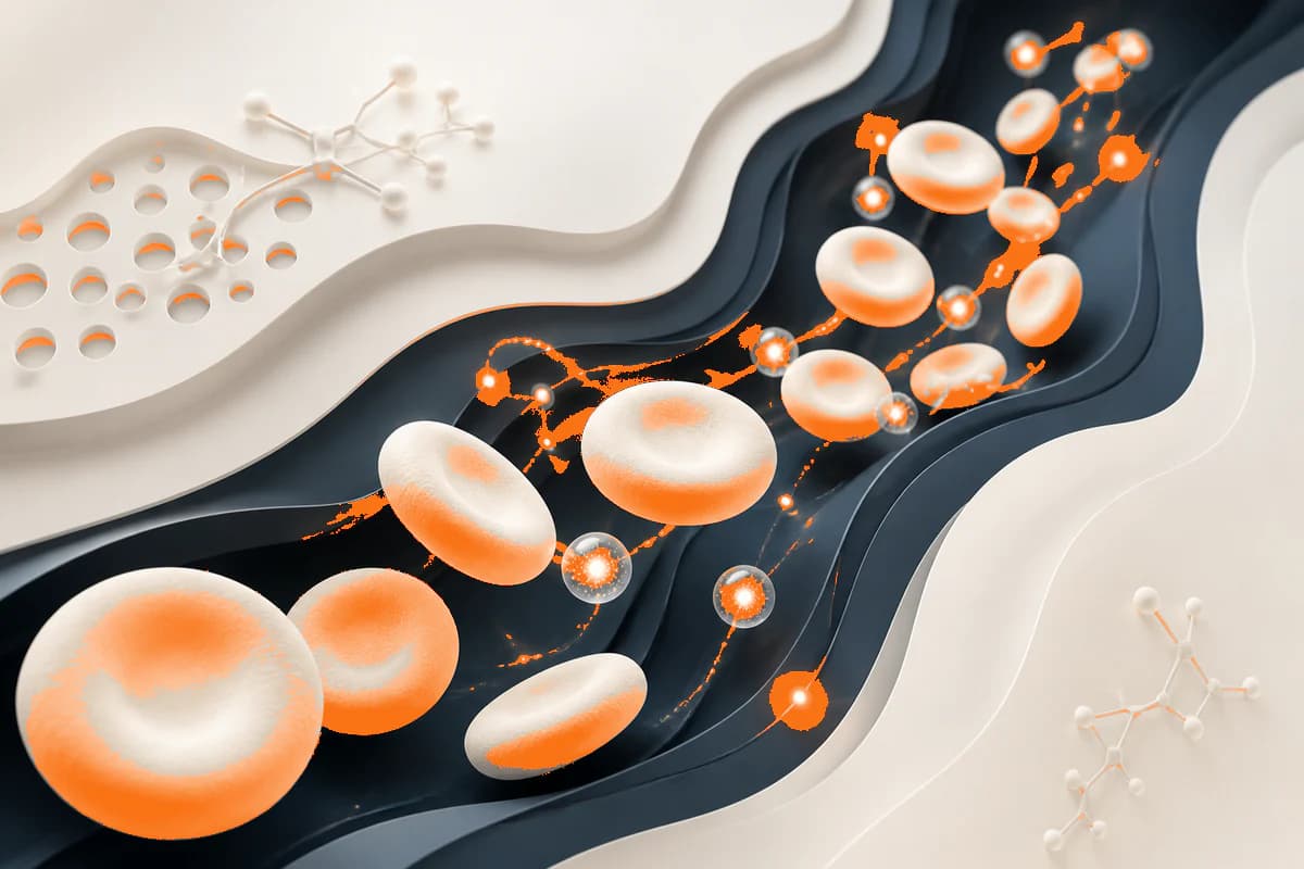 Abstract hemoglobin and oxygen-carrying red cell forms in a cream, deep-slate and orange scientific composition
